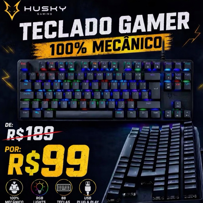 Teclado Gamer 100% Mecânico Husky RGB Preto 88 Teclas USB Para PC e Notebook
