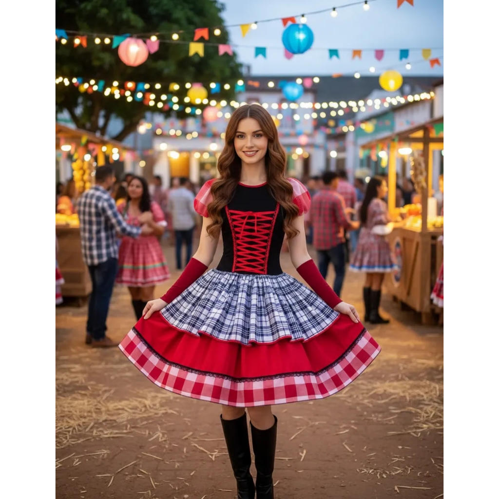 Vestido de Festa Junina caipira com luva