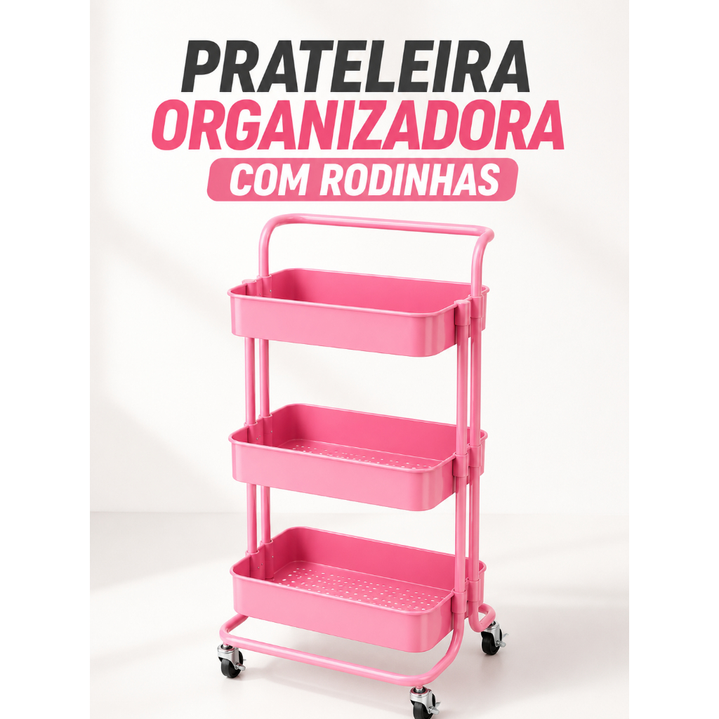 Prateleira Organizadora 3 Andares com Rodinhas Multiuso Carrinho Organizador Rosa Kit Montagem