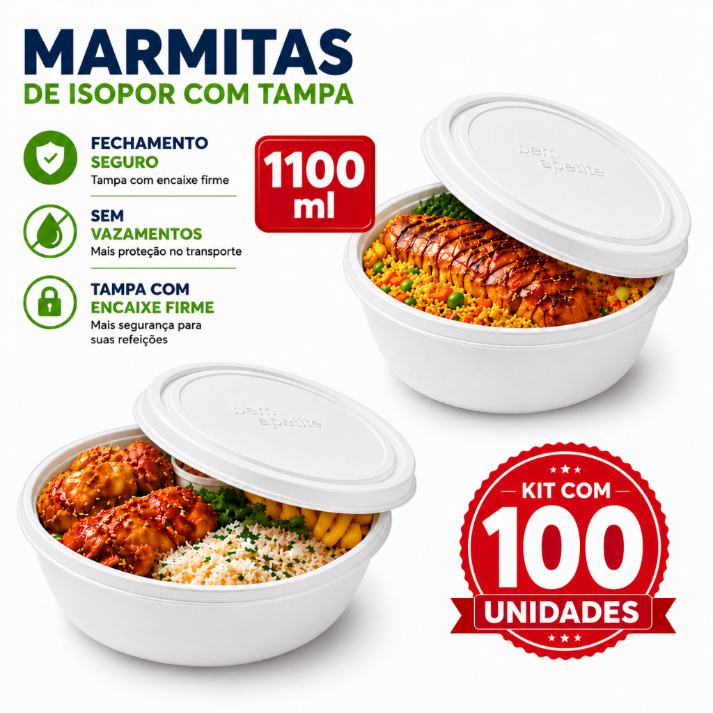 Marmita Isopor Com Tampa1100ml Kit 25,50,100 Unidades A Mais Vendida Reforçada Não Vaza Marmitex
