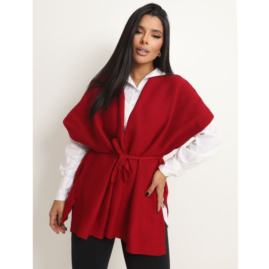 Xale Capa Poncho Blusa Feminina elegante com cinto Tricot Manga Longa Inverno estilosa Liso