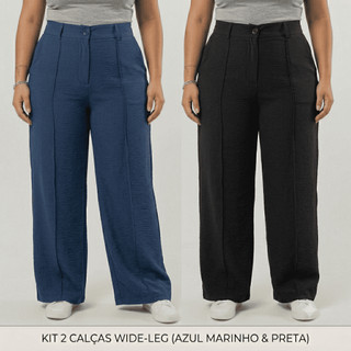 Kit 2 Calça Feminina Widelag Pantalona Tecido Duna Leve Casual Com Bolsos Leve Flare Boca De Sino
