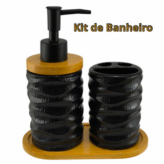 Kit de Banheiro Lavabo em Cerâmica - Porta Sabonete Liquido e Porta Escova Com Acabamento em Bambu.