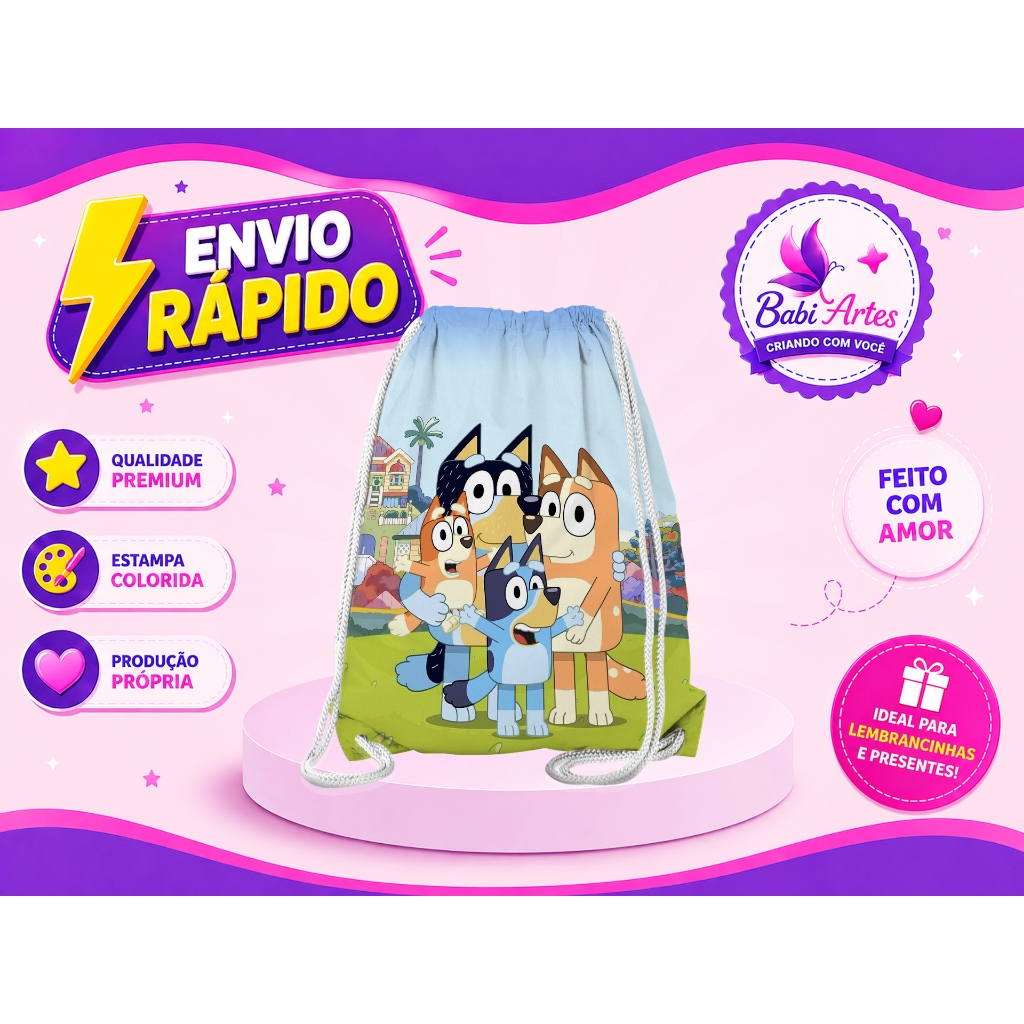 Mochilinhas Saco Bluey festa aniversário saquinho lembrancinha Envio Rápido