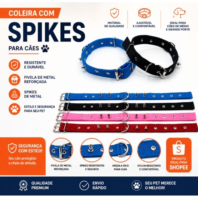 Coleira Com Cravo(spikes)Cachorro Grande Porte Reforçada Nylon Ajustável para Pitbull Rottweiler Pastor Alemão e outros.