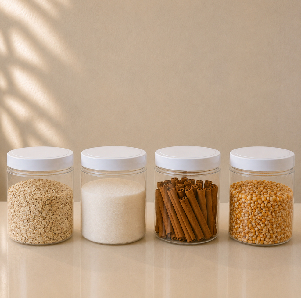 Kit 4 Potes 1000ml Reto Transparente Multiuso Minimalista Tampa Branca de Rosca Cozinha Mantimento