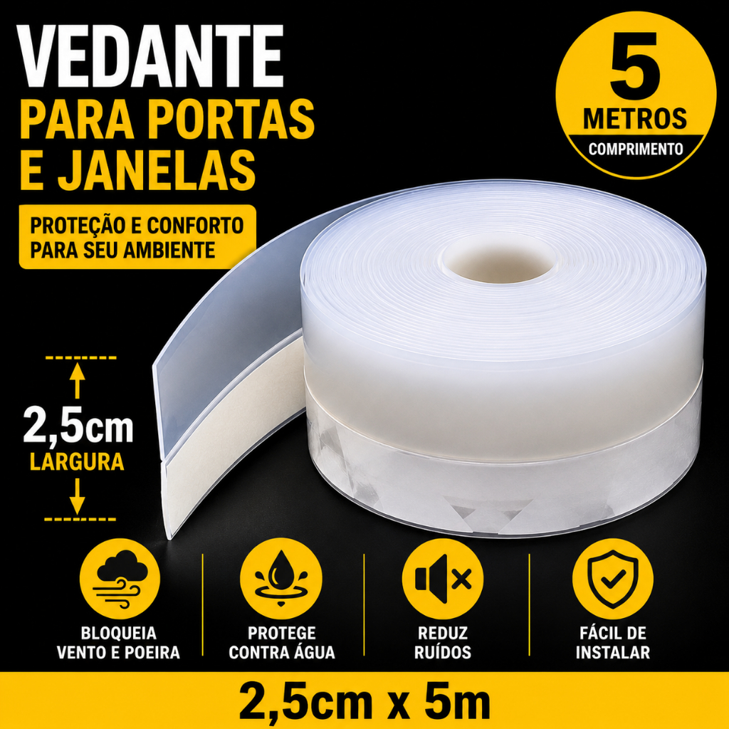Fita Protetora veda portas vedante transparente com adesivo rolo de 5 metros (2,5cm x 5m)
