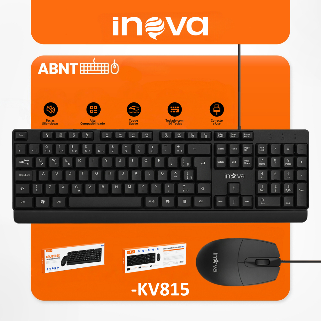 INOVA Kit Teclado e Mouse Com Fio KV815 ABNT2 Ergonômico Silencioso Longa Durabilidade