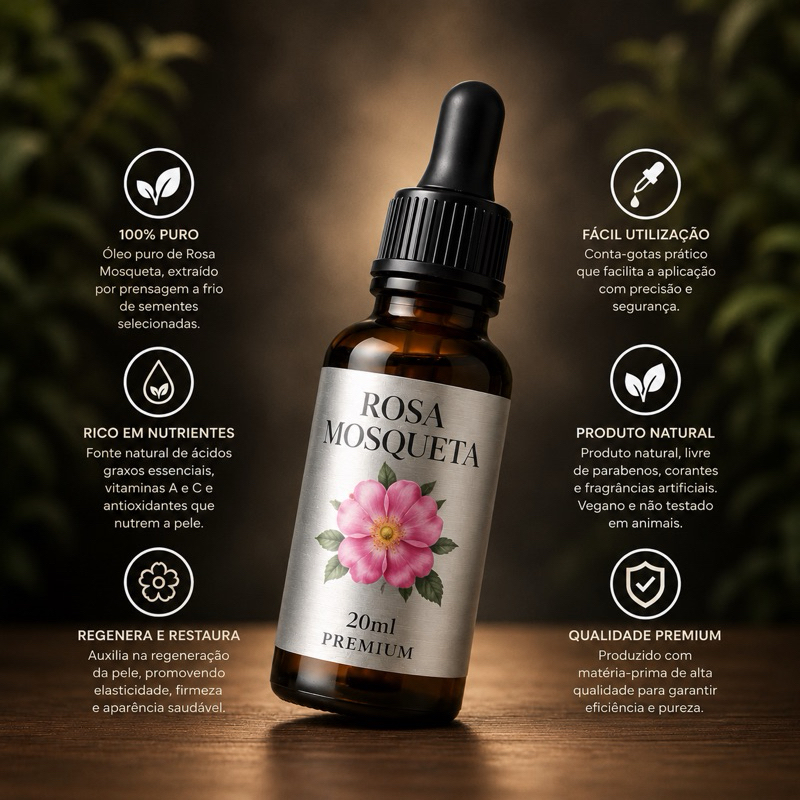 Óleo Vegetal de Rosa Mosqueta Premium 20ml – Uso Cosmético para a Pele