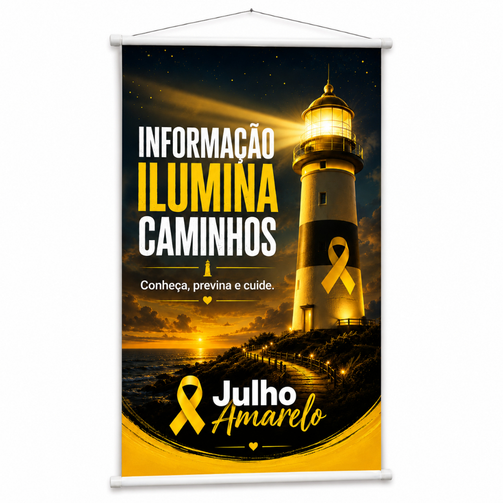 Banner Julho Amarelo Hepatites Virais Conscientização produzido em lona. Cartaz Divulgação Hospital Clínicas Pub1068