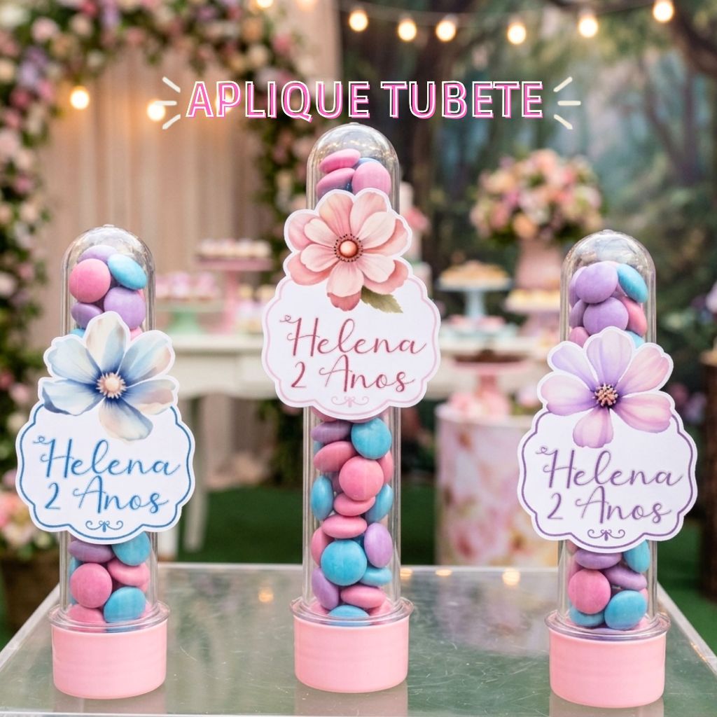 Aplique para Tubete Personalizado Jardim Encantado Nome e Idade | Lembrancinha Festa Infantil
