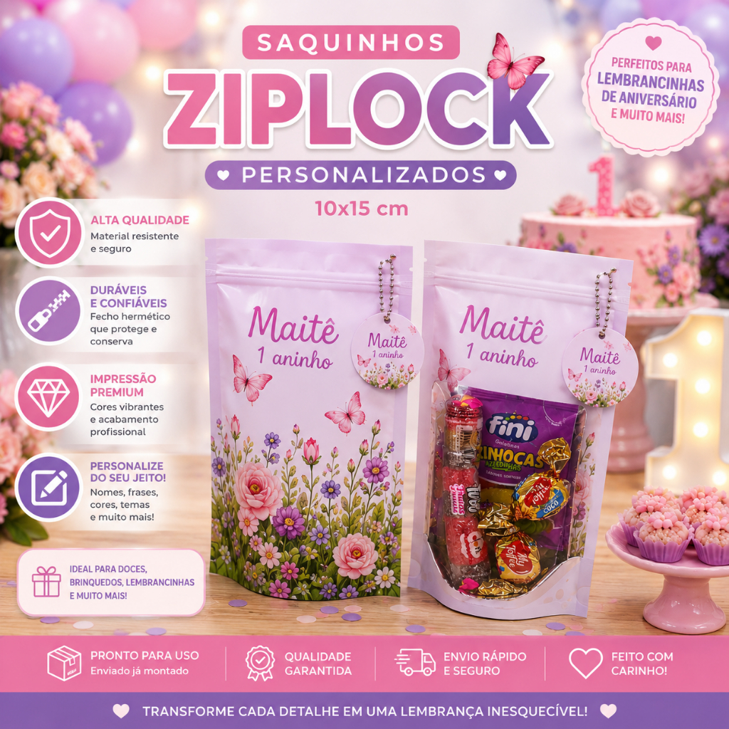 Saquinho Zip Lock Jardim Encantado Personalizado Metalizado Lembrancinha Festa