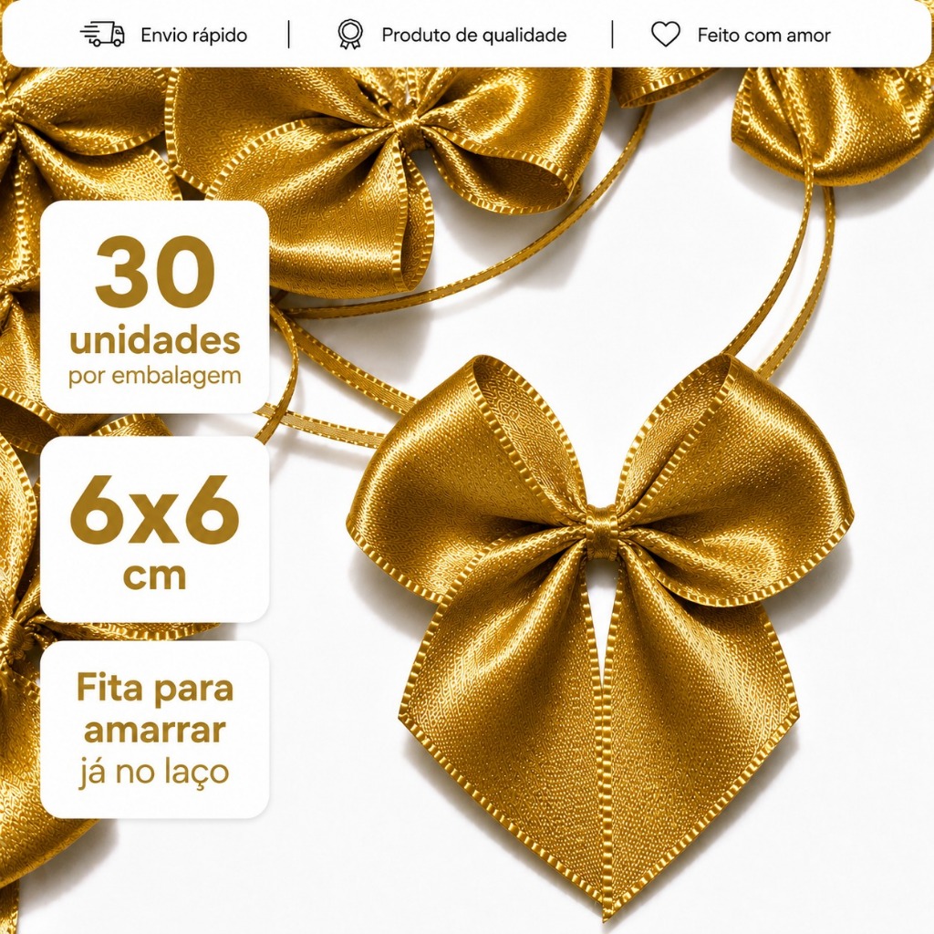 Laço de Cetim Nº5 6x6cm com Fita para amarração 30 Unidades Decorações, doces, mesas, esferas acrílicas, personalizados