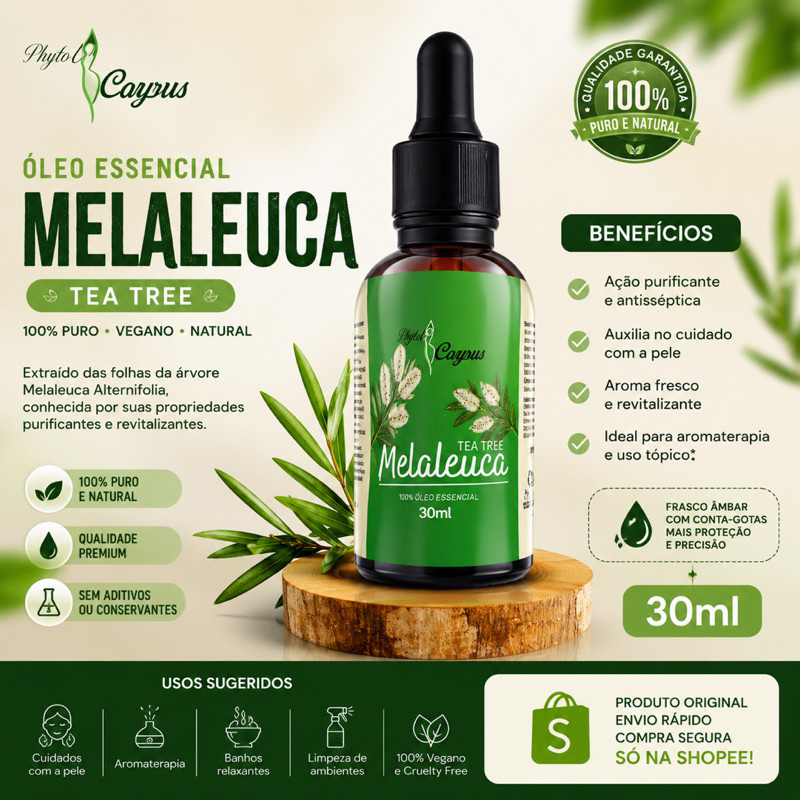 Óleo Essencial de Melaleuca Tea Tree 100% Puro 30ml Conta-Gotas Aromaterapia Envio Rápido