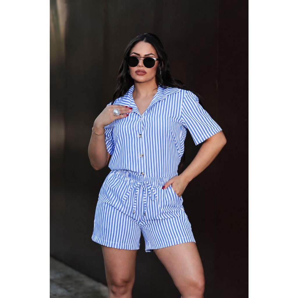 Conjunto Feminino Kimono Elegante Estampa Listrado Camisa Blusa e Short Ocasião Praia Verão