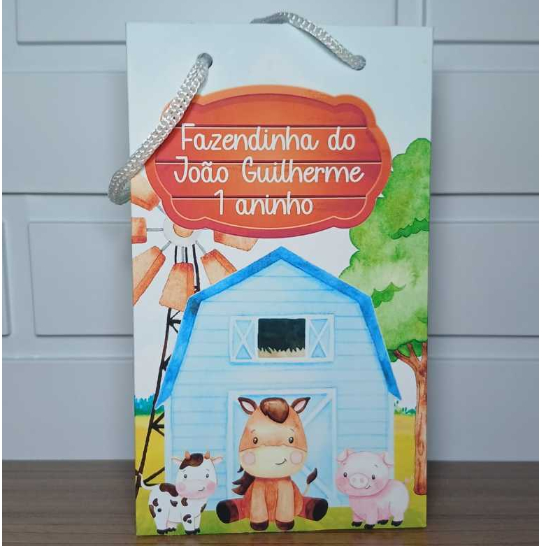 Sacolinha Personalizada Fazendinha Celeiro Azul Aniversário Infantil Mimos e Lembrancinhas para Festa