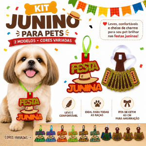 Kit Acessórios Pet Festa Junina Atacado GARGANTILHA PET QUADRILHA, Gravata Pet São João Banho e Tosa
