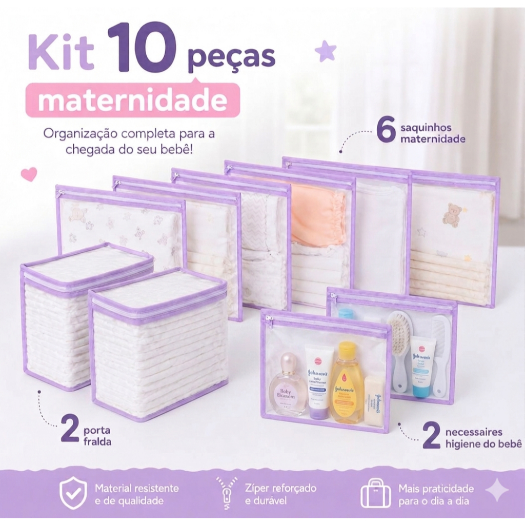 Kit 10 Peças Maternidade – 6 Saquinhos Organizadores + 4 Porta Fralda/Remédio Necessaire