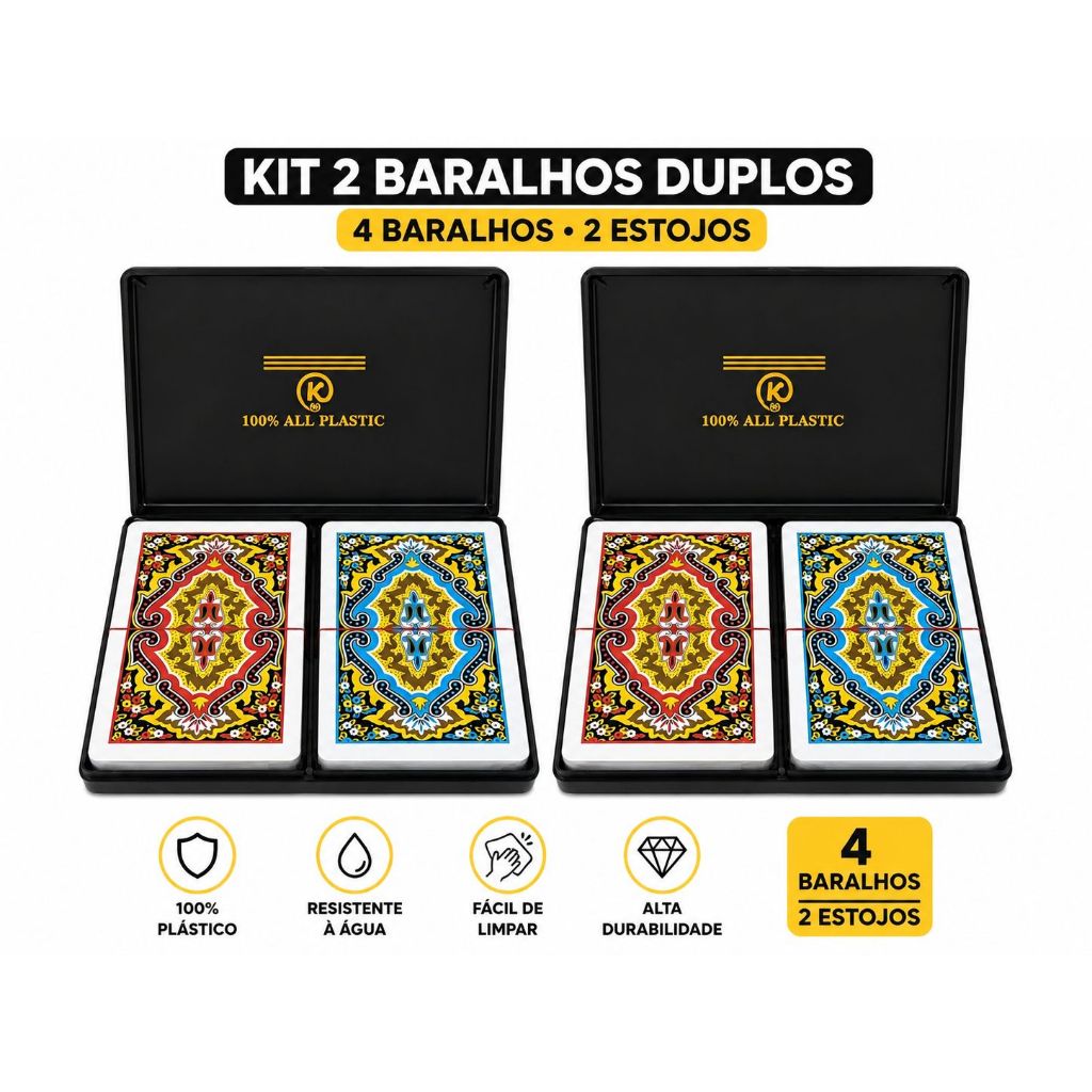 Kit 2 Baralhos Duplos 100% Plástico Com Estojo Premium (4 Baralhos)