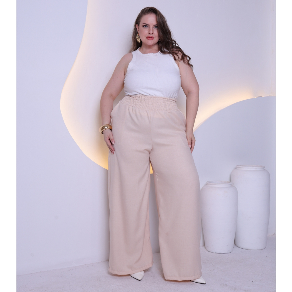 Calça Feminina Plus Size Pantalona Elastex na Cintura Confortável