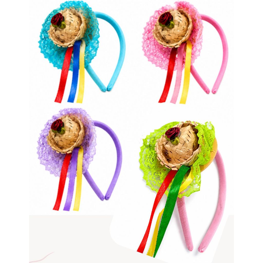 1 Tiara Chapeuzinho Festa Junina Infantil Luxo com Fitas Coloridas Acessório Caipira para Arraiá, Quadrilha e São João