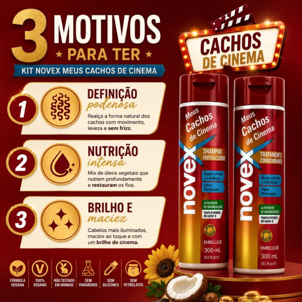 Kit Novex Shampoo + Condicionador Meus Cachos de Cinema Hidratacao Restauracao Brilho e Maciez