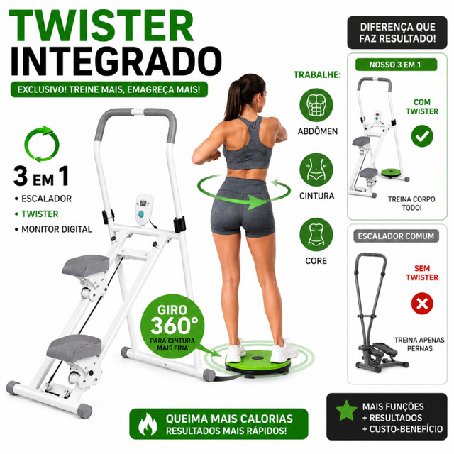 Escalador Fitness Dobravel 3 Em 1 Com Twister Monitor Digital Até 100kg Academia Em Casa