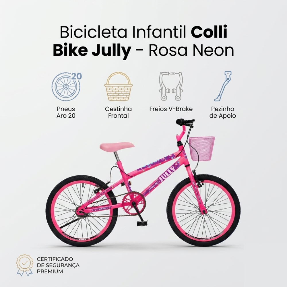 Bicicleta Infantil Colli Bike Jully - Rosa Neon - Aro 20 Com Cestinha Rosa 12