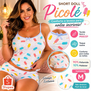 Short Doll Pijama Feminino De Alça Estampado Tecido Leve E Macio Tam M Não Desbota