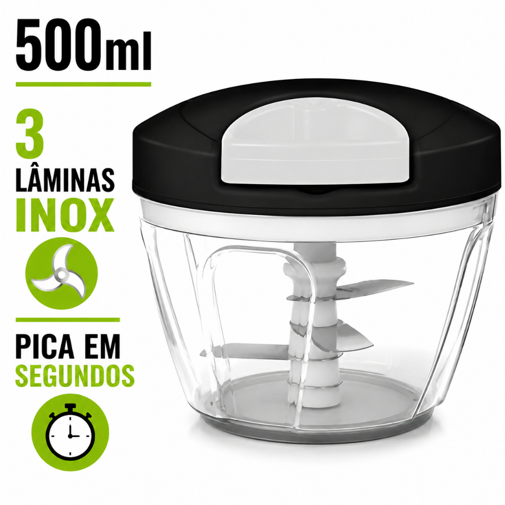 Processador Manual 500ml 3 Lâminas Inox  Triturador de Alho Cebola Legumes e Temperos
