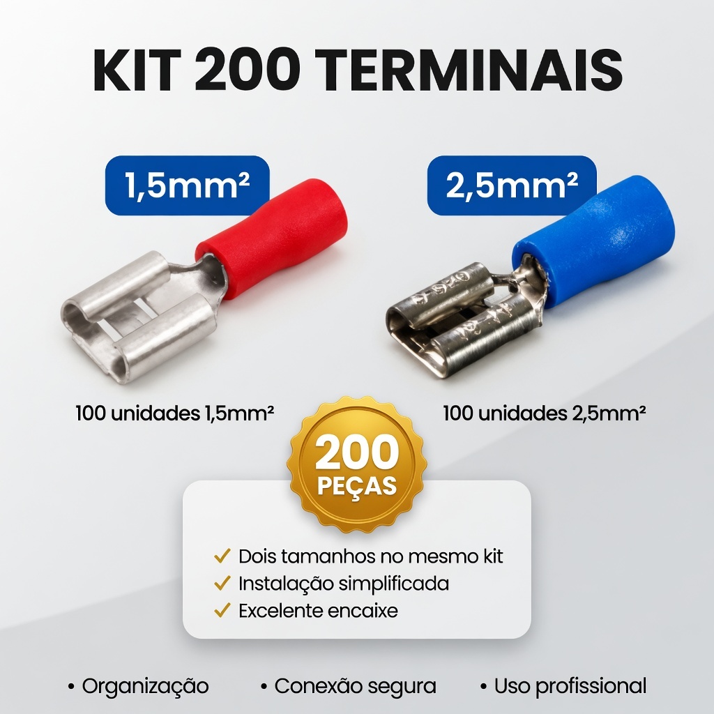 kit Terminal Fêmea pre Isolado 1,5mm e 2,5mm Conector Elétrico Engate Rápido Automotivo Alta Resistência 200 pçs
