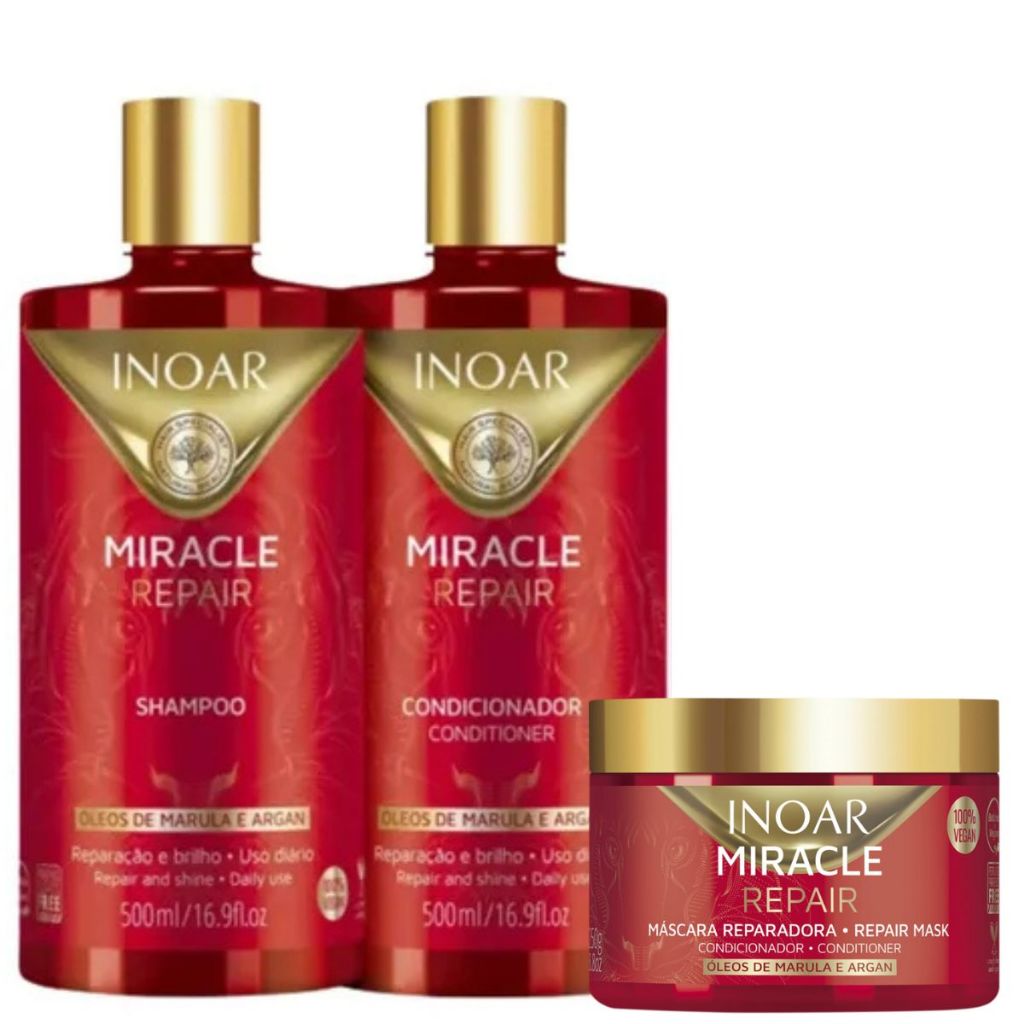 KIT INOAR MIRACLE SHAMPOO 500ML + CONDICIONADOR 500ML+ MASCARA 250G VALIDADE 10/2026
