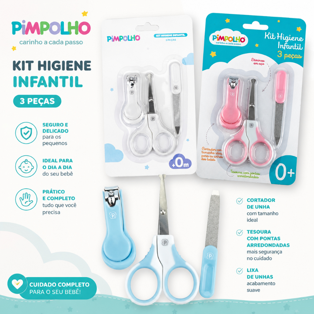 Kit Higiene Infantil Pimpolho Cortador Tesoura e Lixa Menino Menina