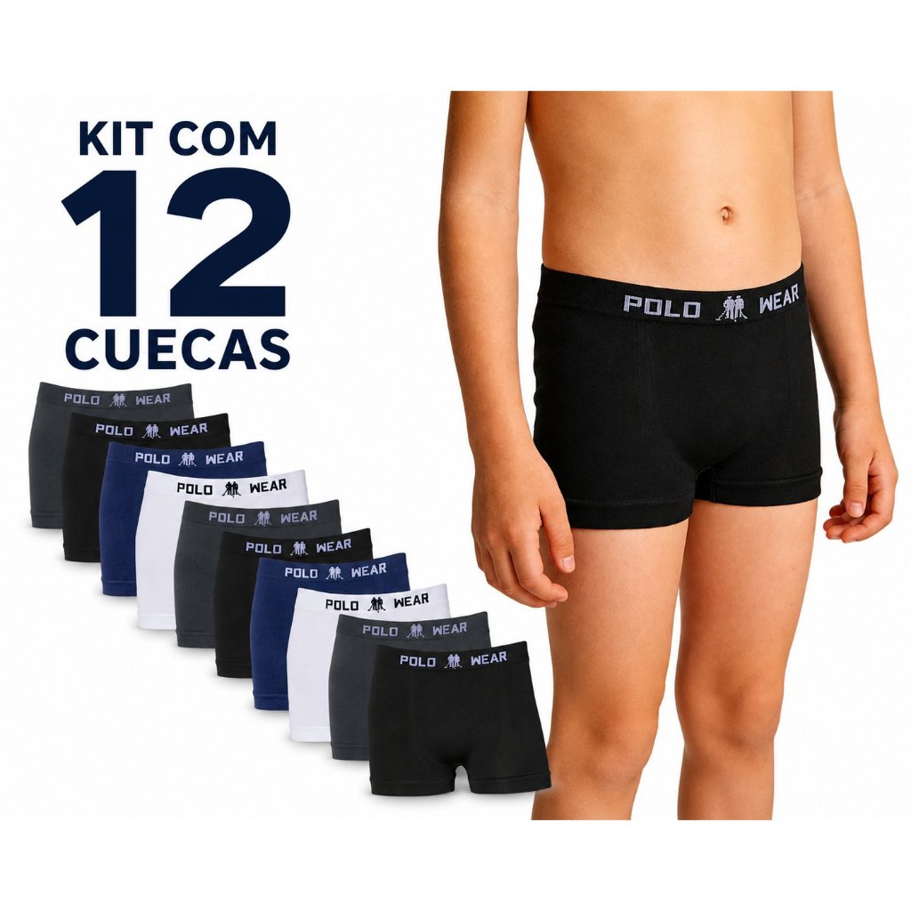 Kit 12 Cuecas Boxer Infantil Juvenil Polo Wear Sem Costura Poliéster Confortável Masculina