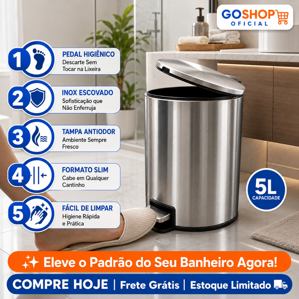 Lixeira Pedal e Basculante 3/5/12 Litros Preta/Inox Com Balde Removível Cozinha Banheiro Escritório Compacta Moderna