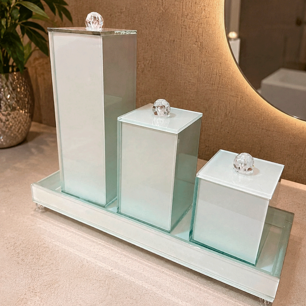 Kit Lavabo Luxo Banheiro com Bandeja Vidro Trio Organizador 3 Potes Quadrado Premium Branco