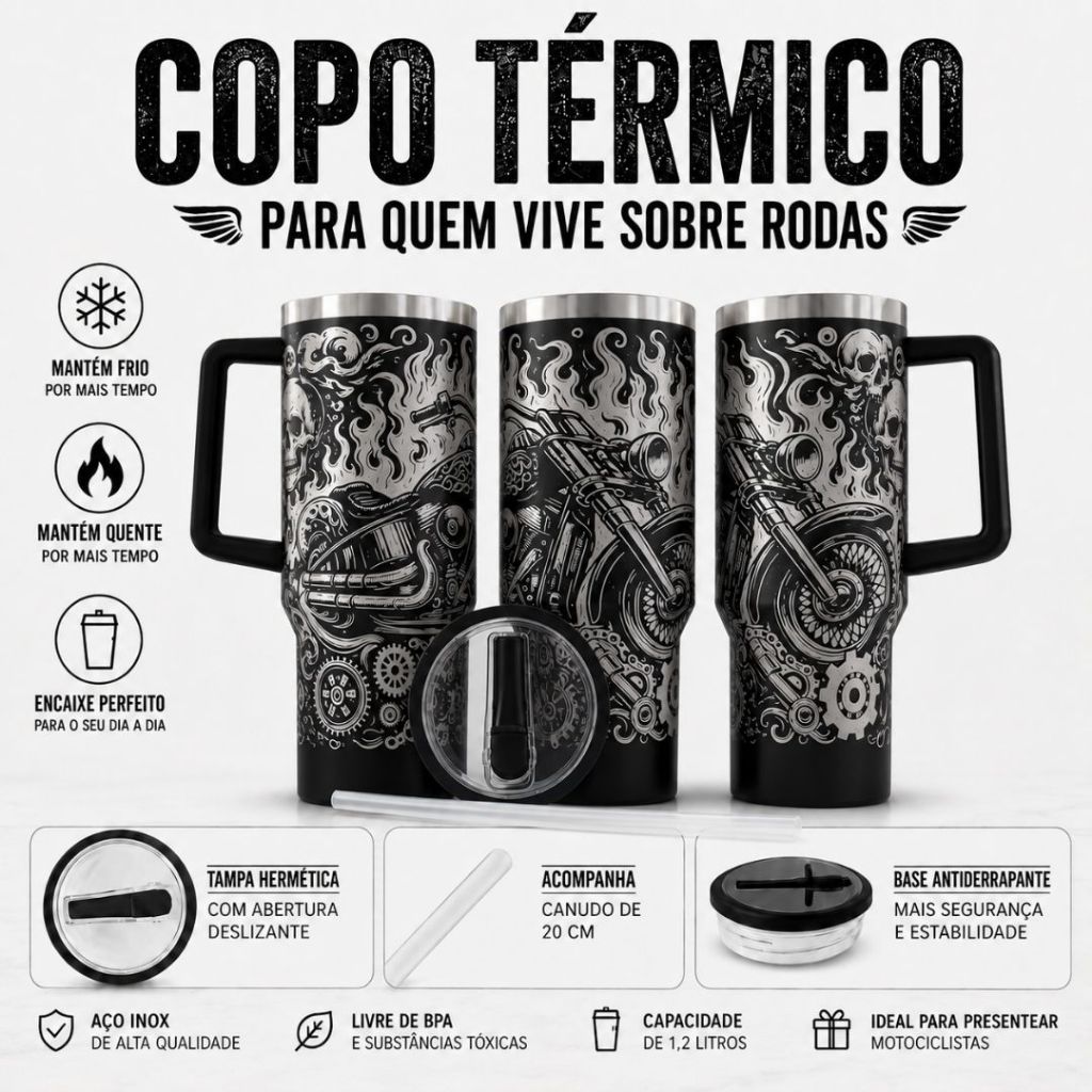 COPO TÉRMICO 1200ML COPÃO COM ARTE A LASER 360 GRAUS TEMA: CAVEIRA COM MOTO COPO 473ML CANECA DE CHOPP 709ML