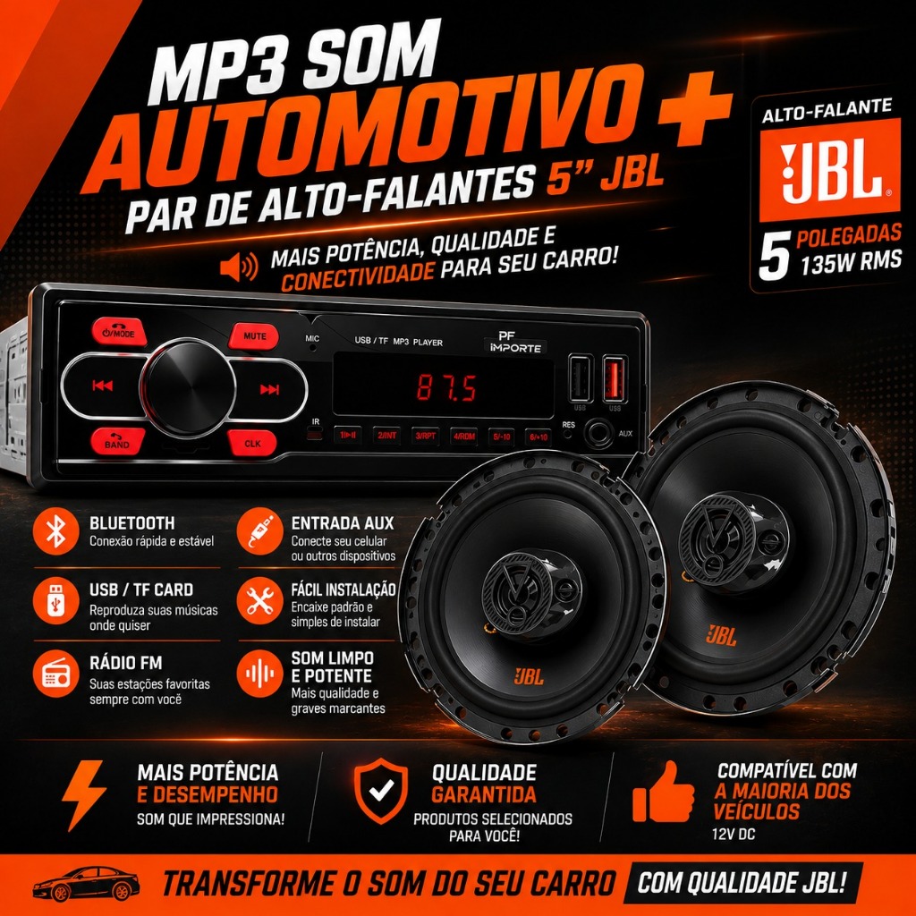 KIT RÁDIO MP3 AUTOMOTIVO PF IMPORT + PAR DE ALTO-FALANTES JBL 5 POLEGADAS