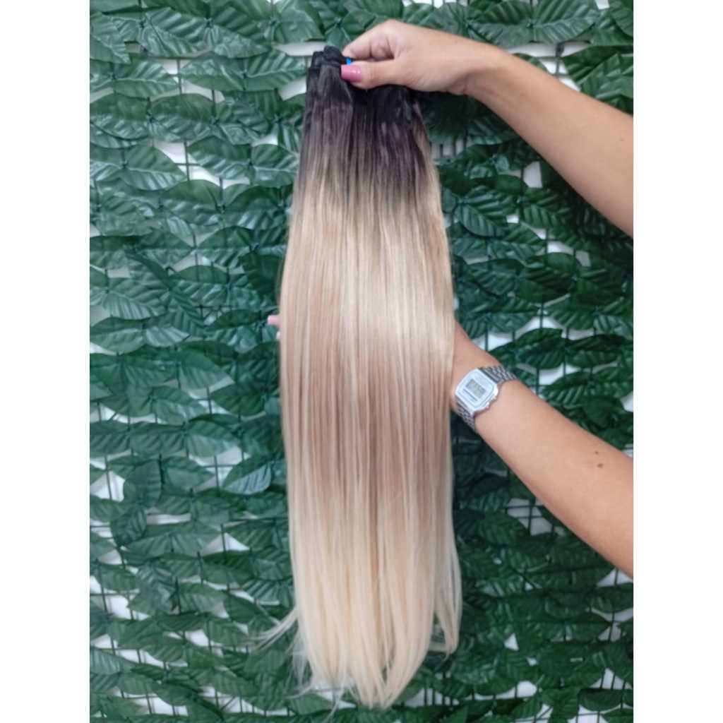 Cabelo para Mega Hair na Tela Humanizado Liso Loiro Perola Raiz Esfumada 70cm Natural Fibra Russa Bella Hair