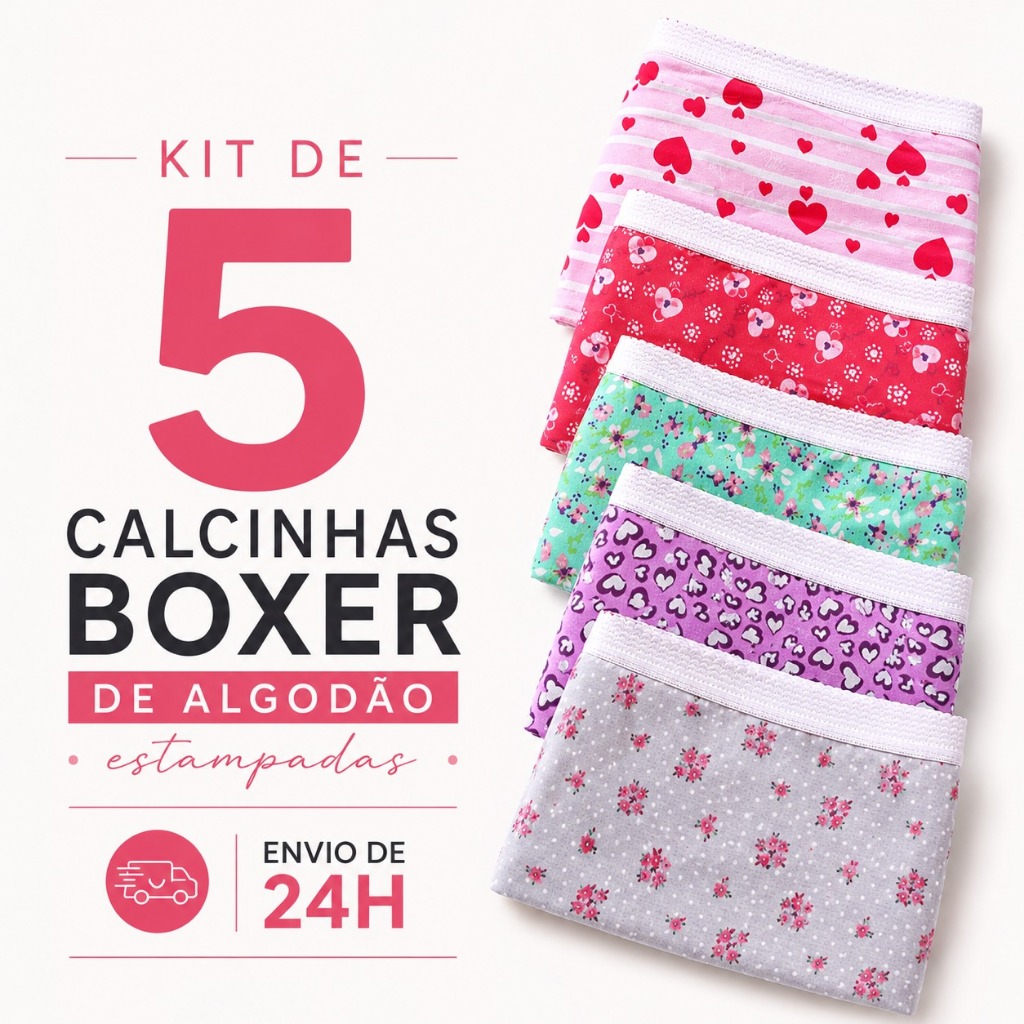 Kit 5 Calcinha Boxer Feminina de Algodão Estampada – Confortável, Respirável e Macia