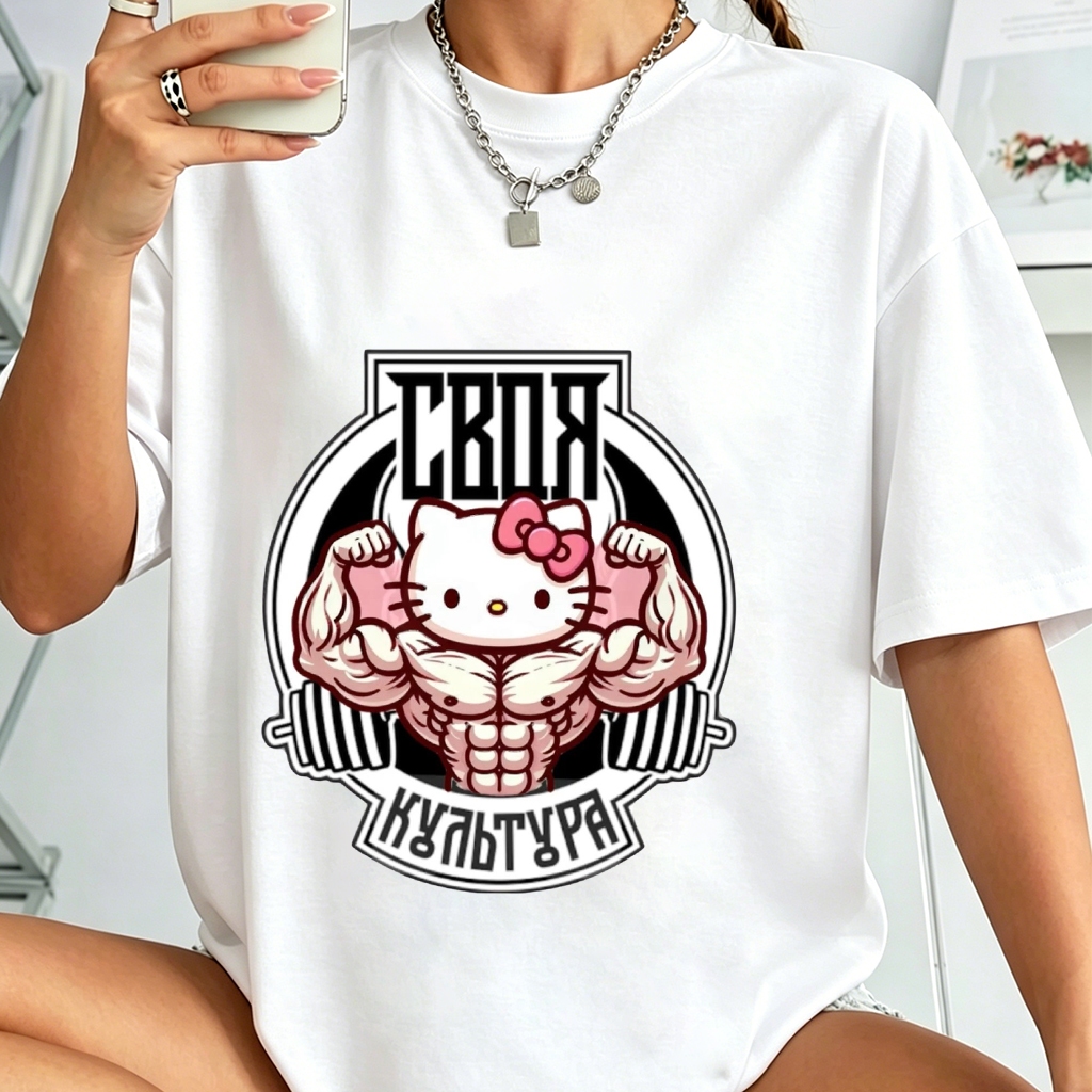 Camiseta Oversized Hello Kitty Forte Músculos Bíceps Estampa de Academia Retro, Camiseta Algodão Tamanhos Grandes Moda