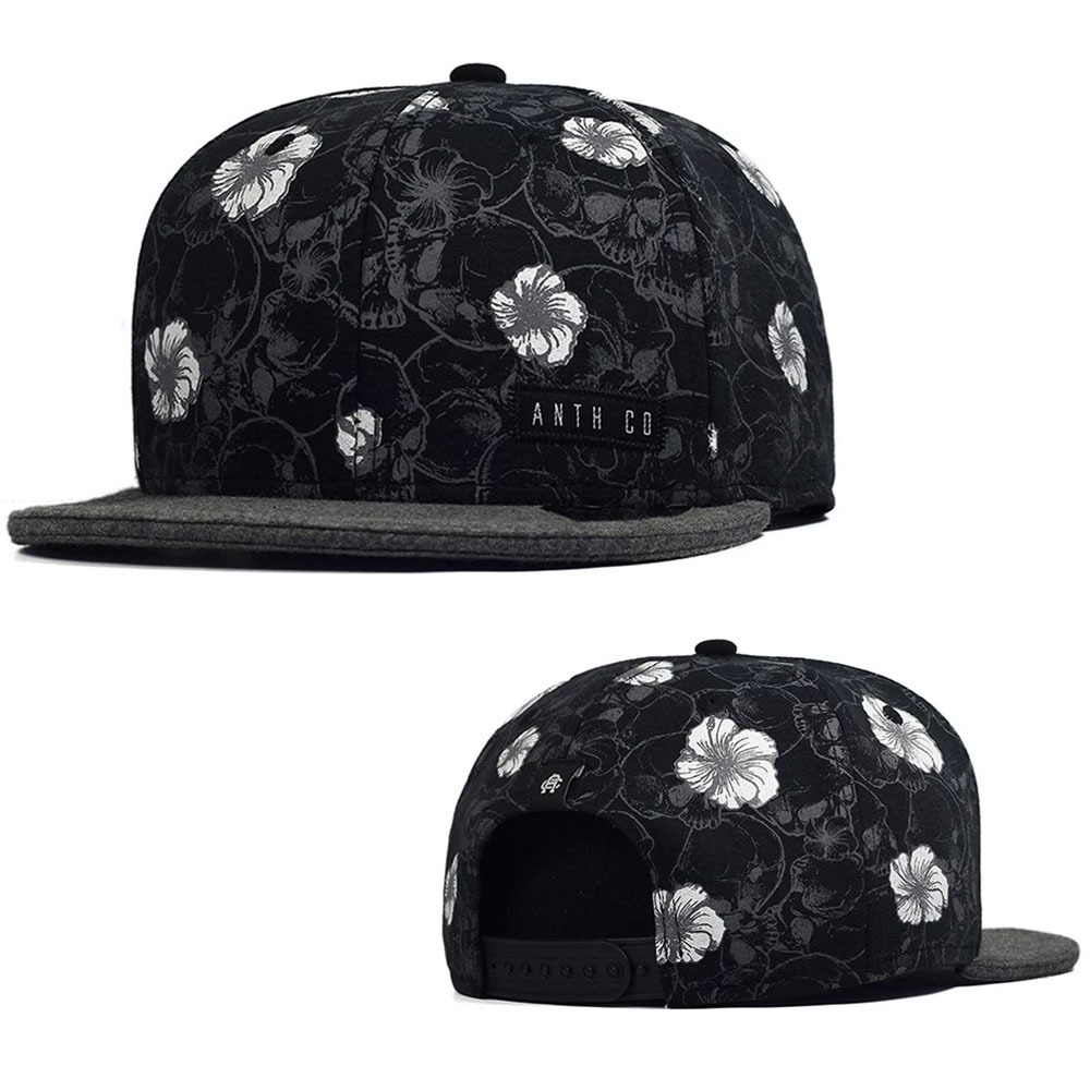 Boné Anth Co. Toten Flores Caveira Preto Aba Reta Aberto Com Ajuste - SOG