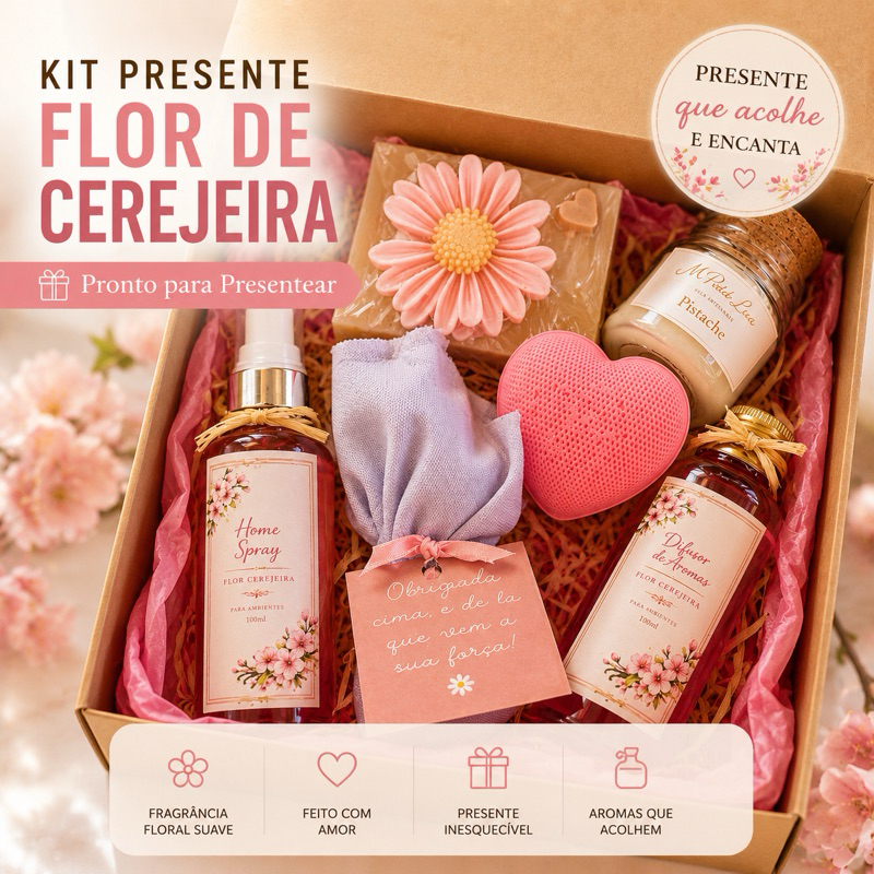🌸 Kit Presente Flor de Cerejeira | Difusor 70ml Home Spray 70ml Vela Sabonete Sachê