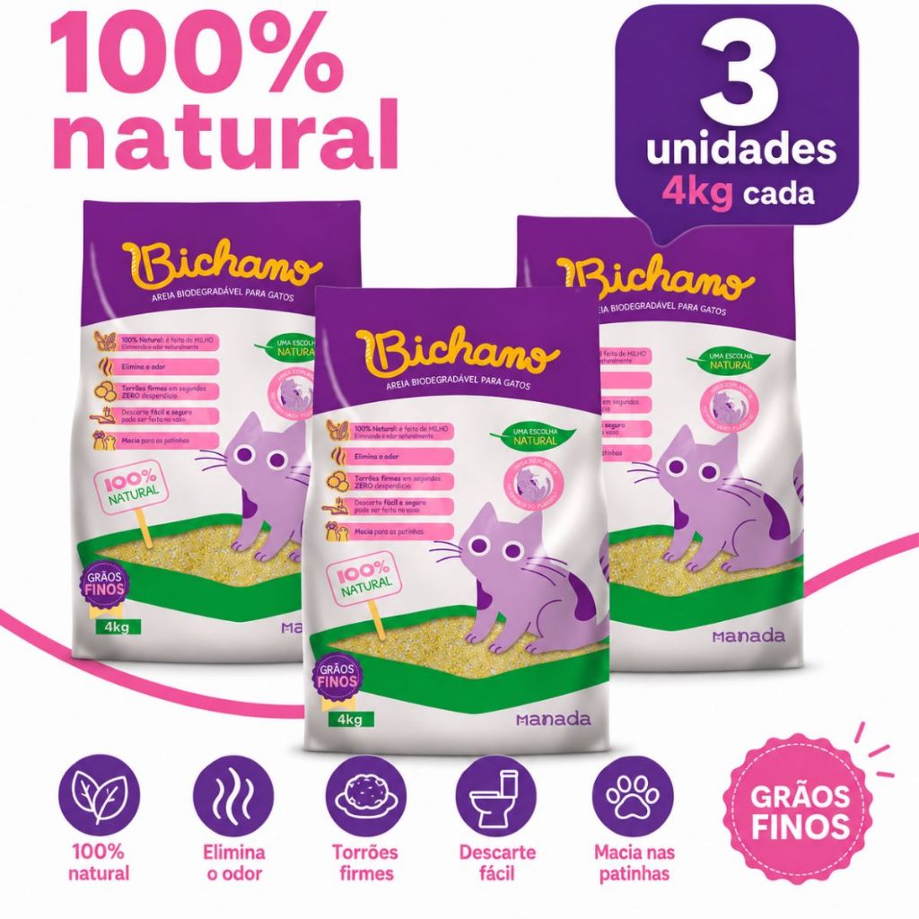Kit 03 Unidades Areia Biodegradável Bichano Gatos Grãos Finos 12kg Manada Grão Fino Milho Mandioca
