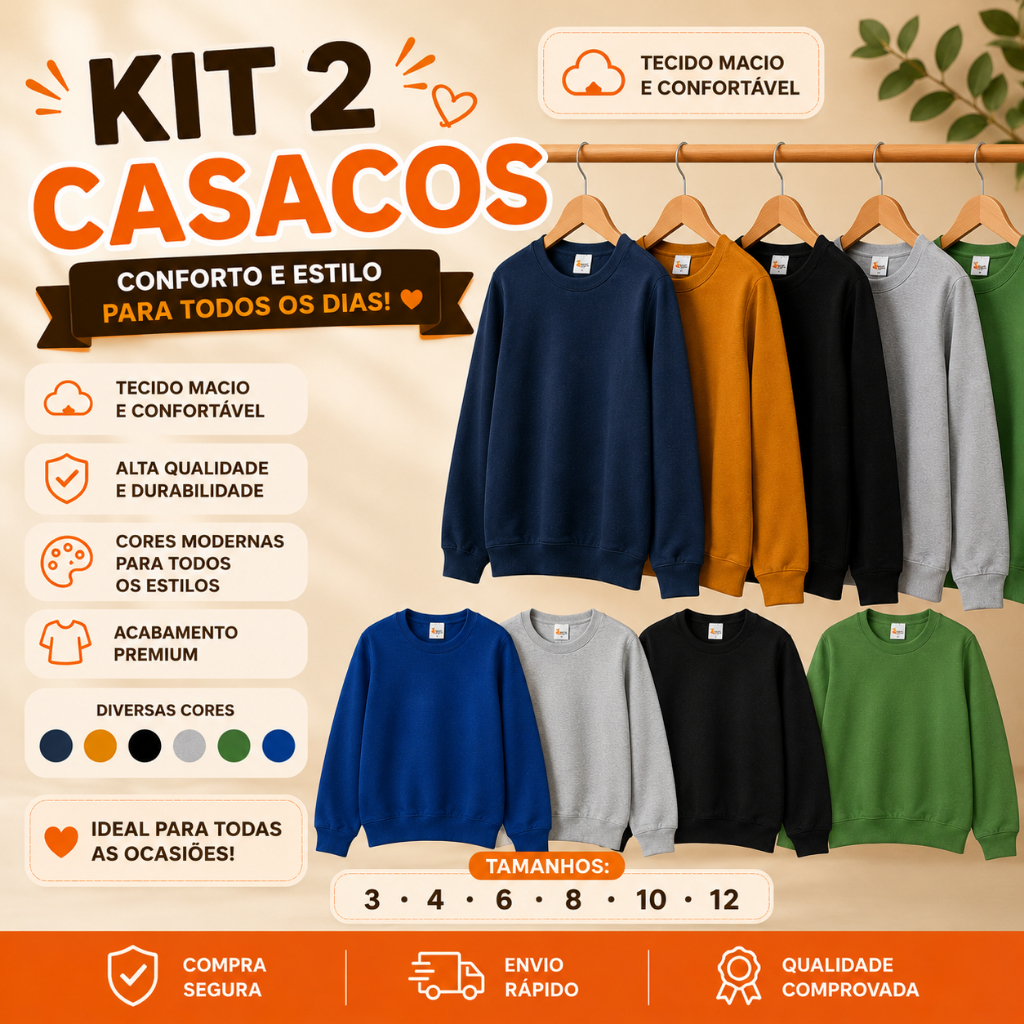 Kit 2 Casacos Infantil Liso Menino Inverno Roupa de Frio Quentinho Moletom