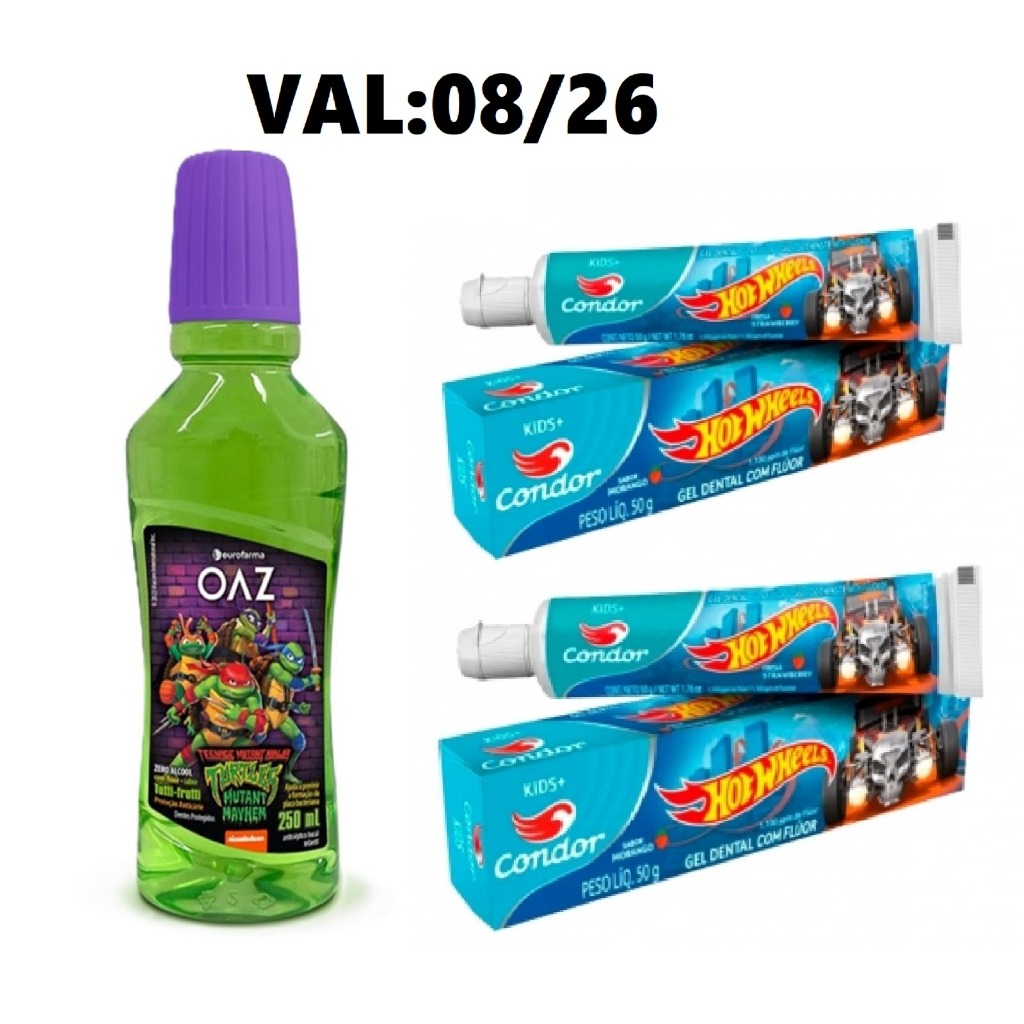 GEL DENTAL  INFANTIL HOTWHEELS 50G CONDOR+Enxaguante Bucal Oaz Tartarugas Ninja Tutti Frutti 250Ml(538111)