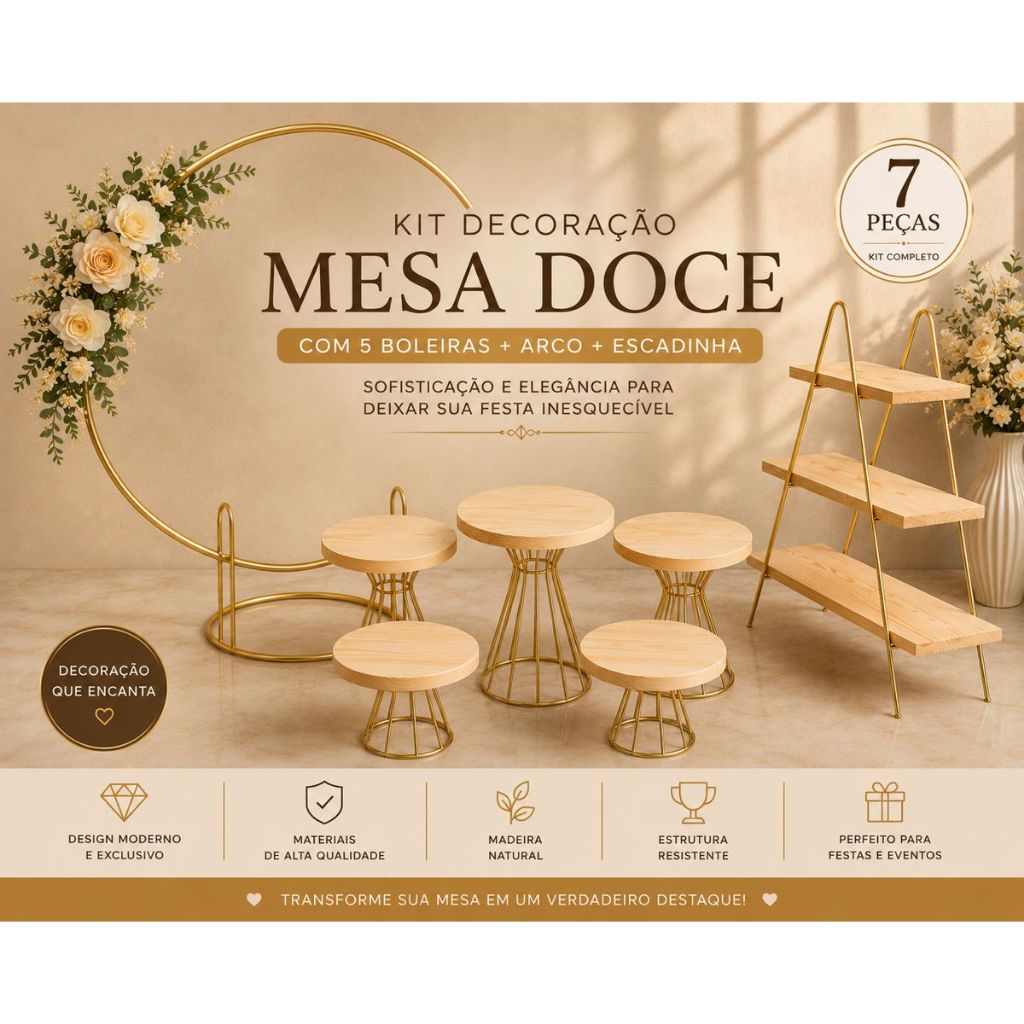 Kit Boleira  Com Arco Decorativo Escadinha e Tampos de Madeira Mesa Doce Festa Luxo 7 peças