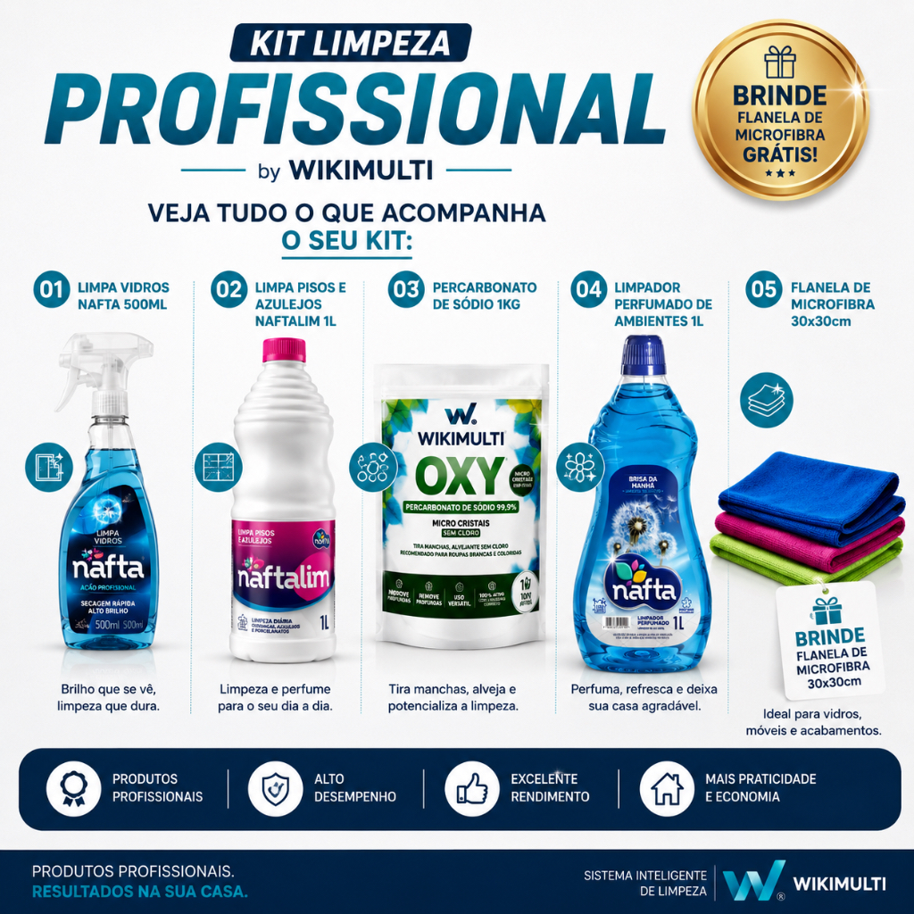 KIT Casa Clean bpf Limpeza Limpa Vidros, Detergente para Pisos, Percabonato Oxy e Limpador Perfuma