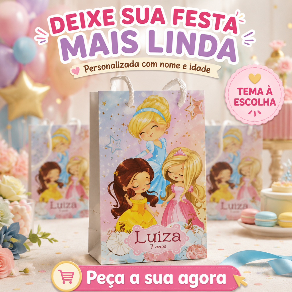 Sacolinha Personalizada Princesas Aquareladas - com Nome e Idade para Festa Infantil - Pegue e Monte
