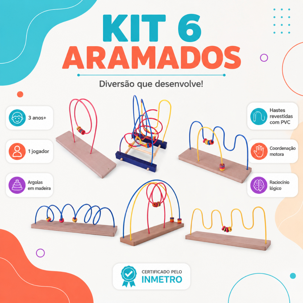 Kit Conjunto 6 Aramados Educativos Brinquedo Aramado Pedagógico 6 Peças
